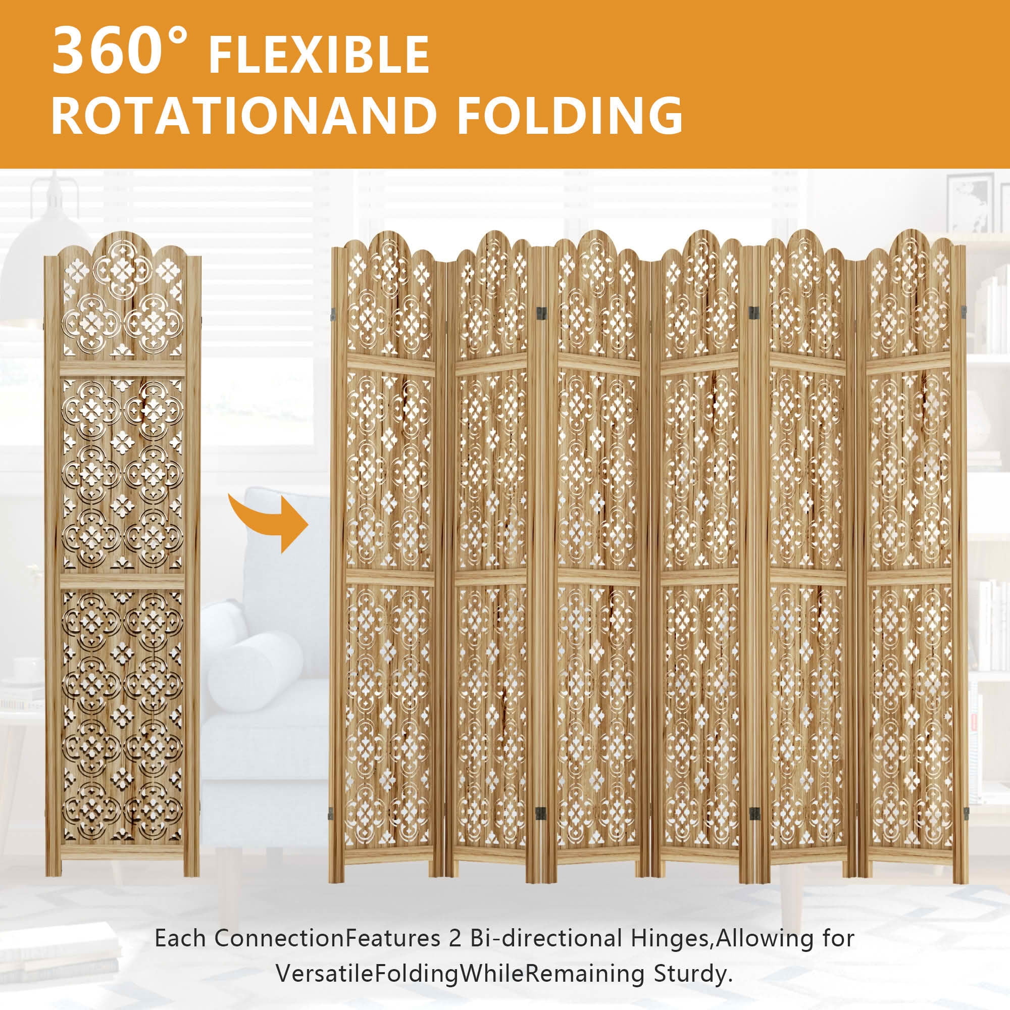 MAYEERTY 95x1x67 Inch Natural Charcoal Coin Wooden Folding Privacy Screen, 6 Panel Set for Home & Patio