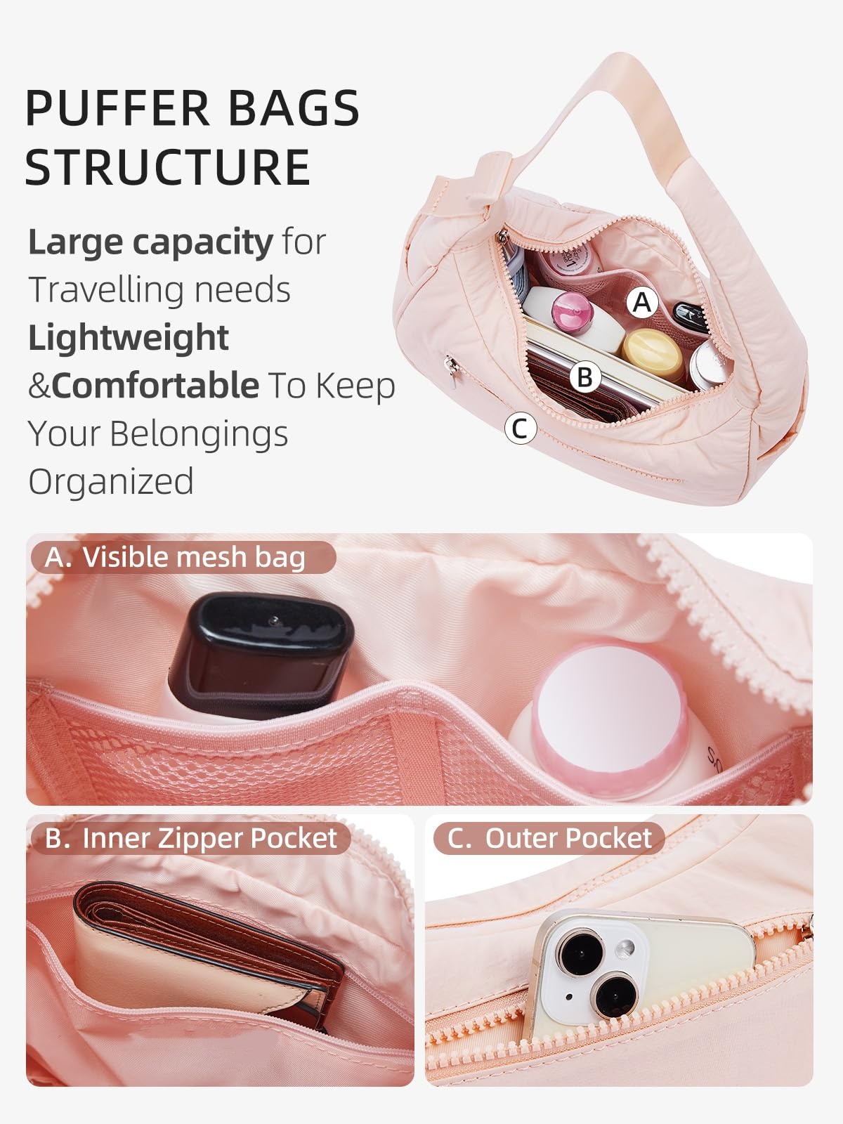 XINLANER Small Crescent Puffer Purse Shoulder Bag for Women Nylon Quilted Purses Bag Adjustable Shoulder Strap Puffy bag