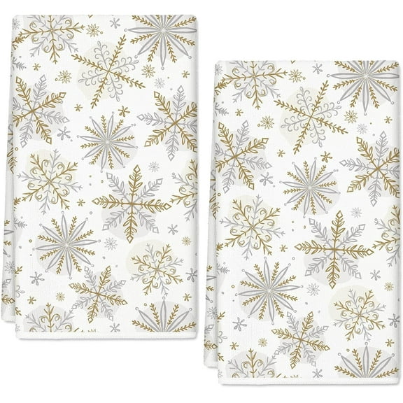 Christmas Kitchen Towels 18 x 26 Inch Silver Gold Snowflake Dish Towel Xmas Winter Absorbent Hand Drying Tea Towel for Cooking Baking, 2Pcs