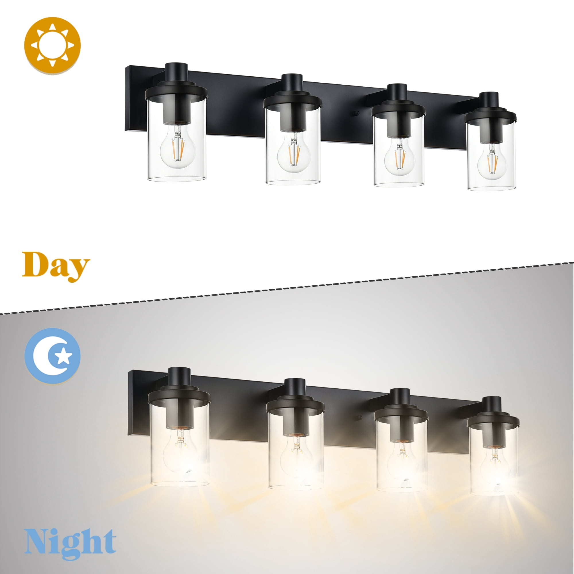Melucee Bathroom Vanity Light Fixture Over Mirror, Metal Black Bathroom Lights Over Mirror 4-Lights, Modern Wall Mount Lighting with Clear Glass Shade Vanity Lights for Hallway Living Room Cabinet