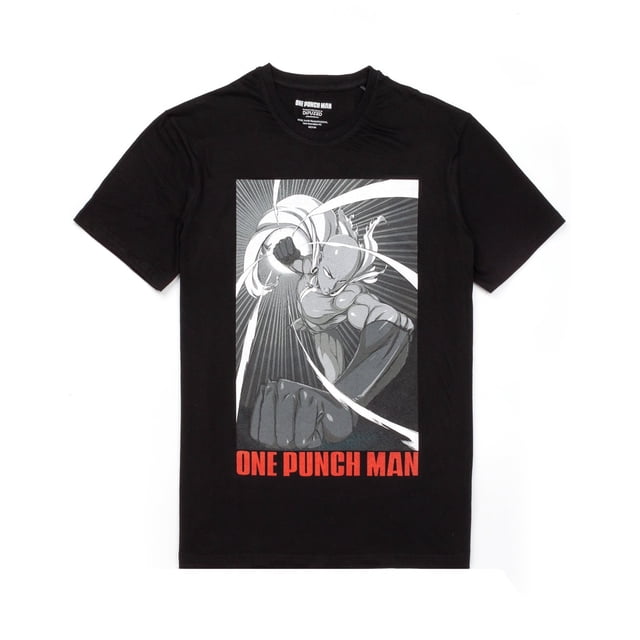 one punch man - camiseta saitama hombres (negro) camiseta negra 100% algodón, manga corta y cuello redondo con ajuste regular; impresión gráfica monocromática centrada que muestra a Saitama lanzando un puñetazo estilo cómic y texto rojo "ONE PUNCH MAN" en la parte inferior; licencia oficial, fondo blanco. Su uso también es adecuado como camiseta casual para eventos de fans.