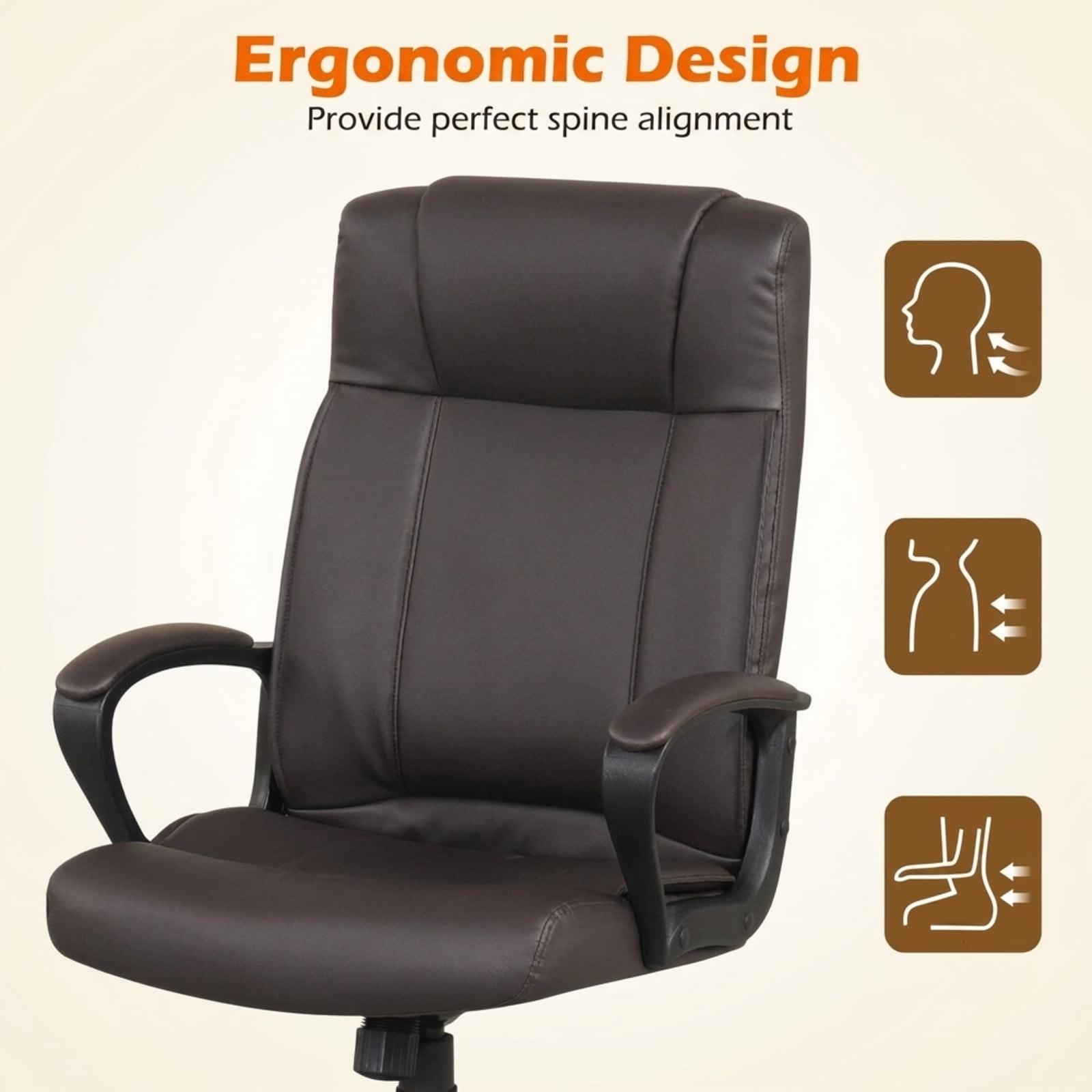Furnibear Faux Leather Office Chair Computer Desk Chair with Rocking Function Padded Armrests Height Adjustable Swivel Seat and Casters, Brown