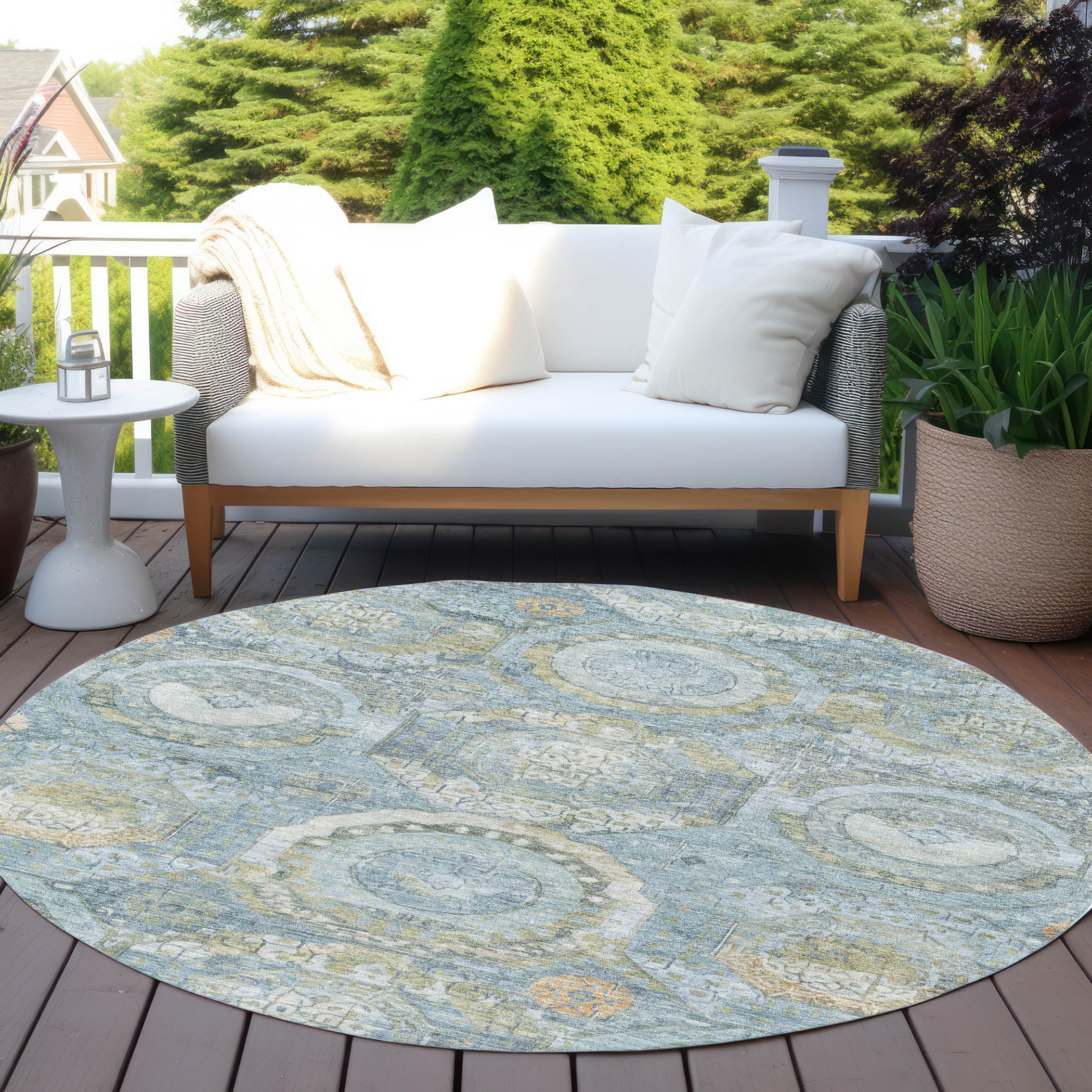 Addison Rugs Chantille Indoor/Outdoor Transitional Panel Blue Washable Round Rug, 8' x 8'
