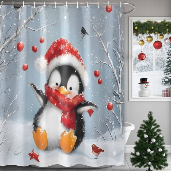 Christmas Cute Shower Curtains for Bathroom, Hat Penguin Waterproof Fabric Shower Curtain for Bathroom Bathtub Decoration, Machine Washable, 54x"78"