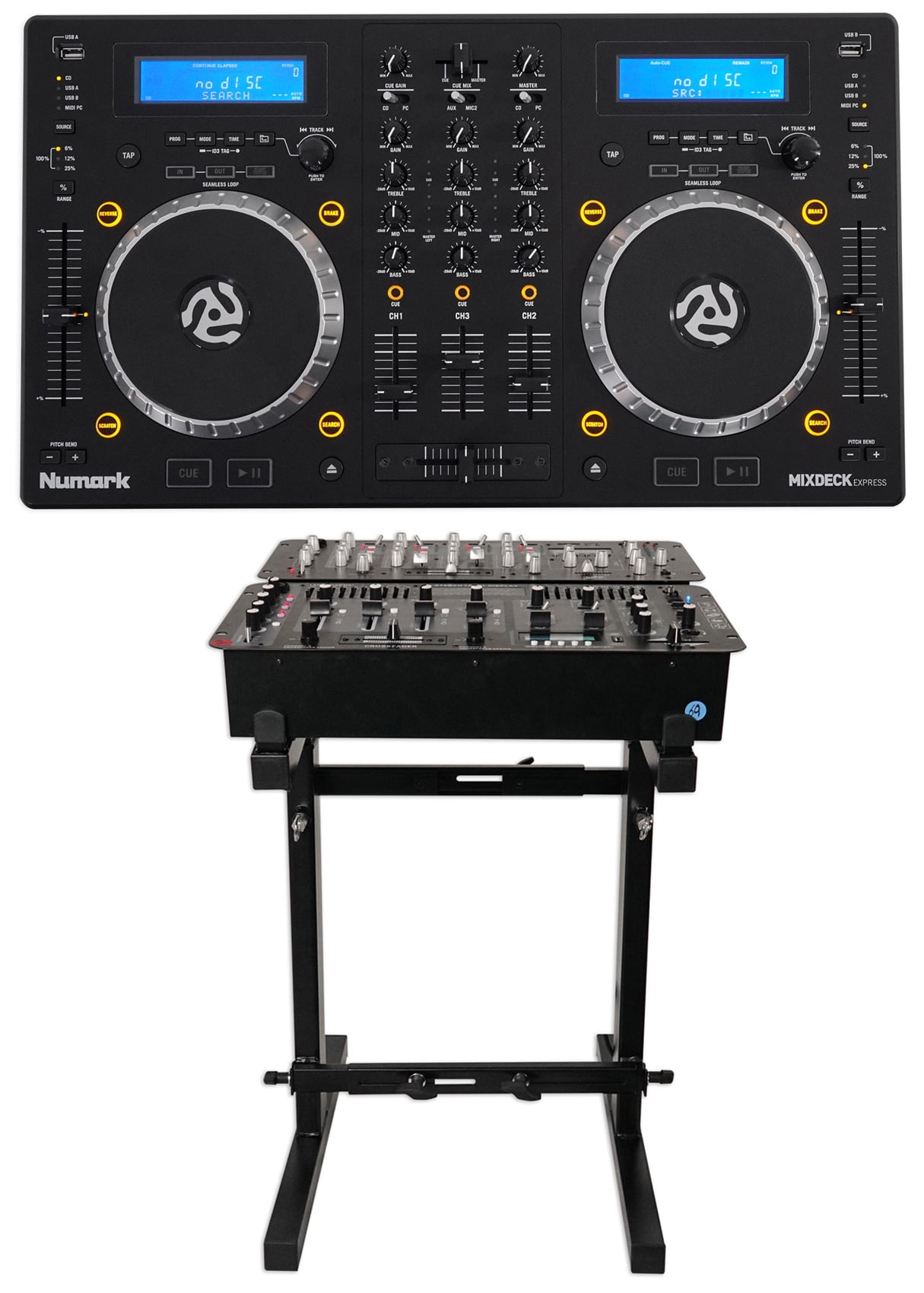 Numark Mixdeck Express Premium DJ Mixer/Controller w/ Dual CD+USB  Playback+Stand