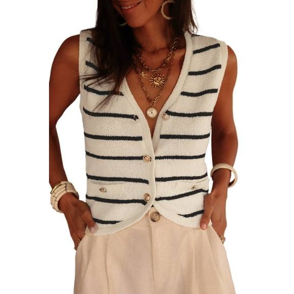 Elegant Women's Black Stripe Buttoned V Neck Slim Fit Sweater Vest - [ZhiHiMeRi] | (US 12-14)L