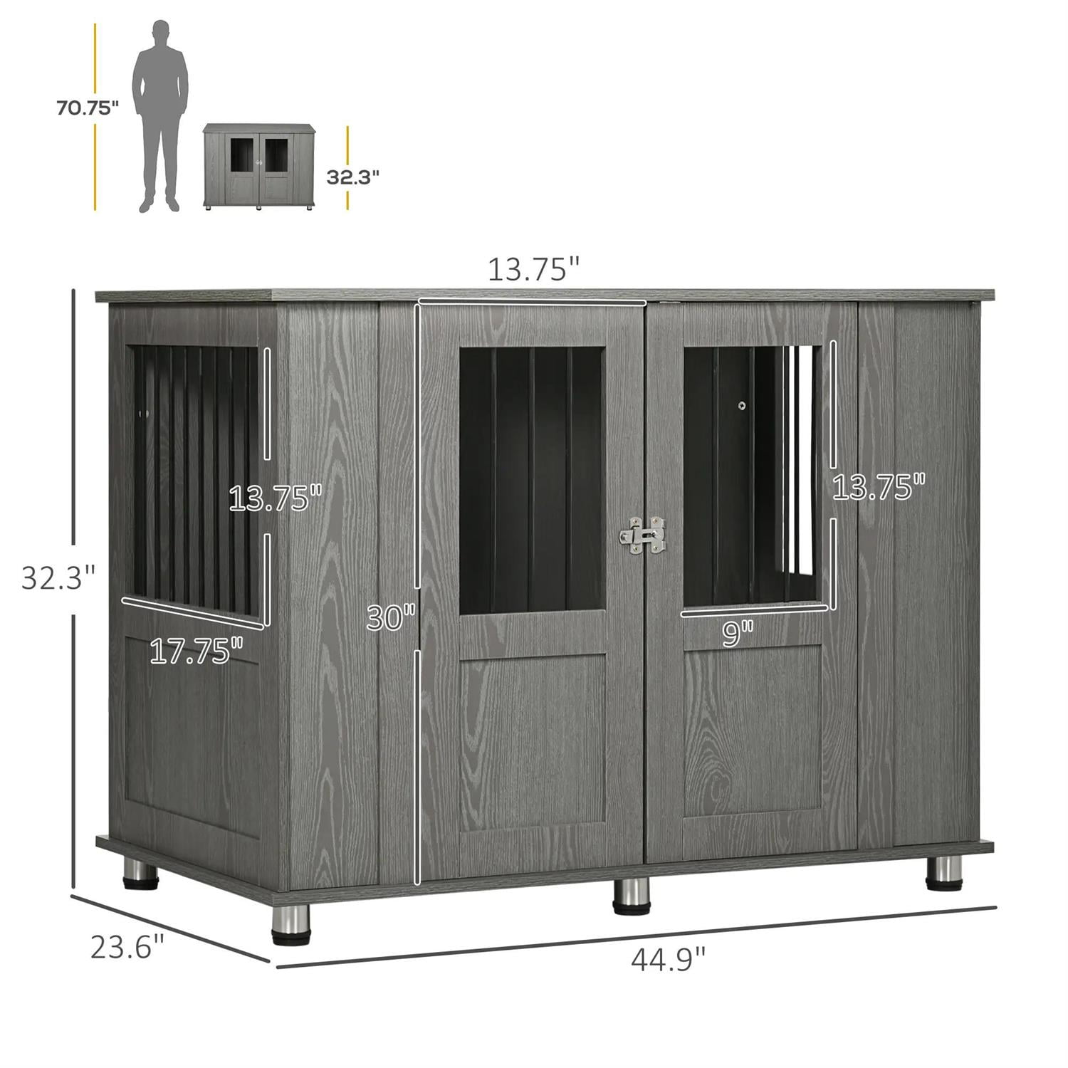 Pefilos 45" Dog Crate Furniture with Lockable Magnetic Doors, Wooden Kennel Table, Indoor Dog House for Medium Dogs, Gray