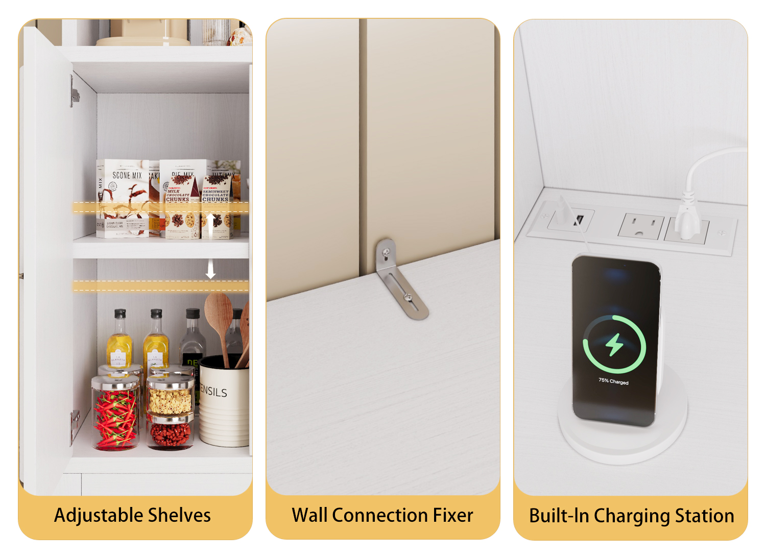 71" Tall Kitchen Pantry Cabinet with Charging Station, Large Food Pantry Storage Cabinet with Microwave Stand for Dining Room, White