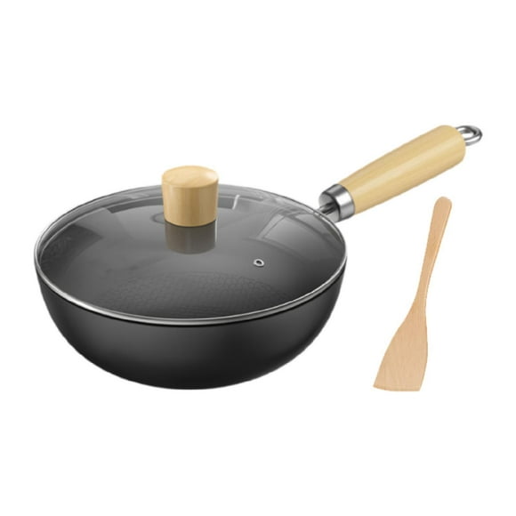 Tnarru Wok Pan Flat Bottom 7inch Iron Wok for Induction Cooker Stir Fry Pan Traditional Wok for Home Camping Hotel Kitchen Household With Lid