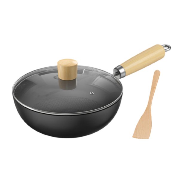 Sartén Wok Wok Tradicional Mango de Madera Sin Revestimiento Versátil Hervir Antiadherente Con tapa