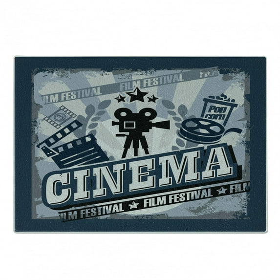 Movie Theater Cutting Board, Vintage Cinema Poster Design Grunge Effect and Old Fashioned, Decorative Tempered Glass Cutting and Serving Board, Small Size, Blue Black Grey, by Ambesonne