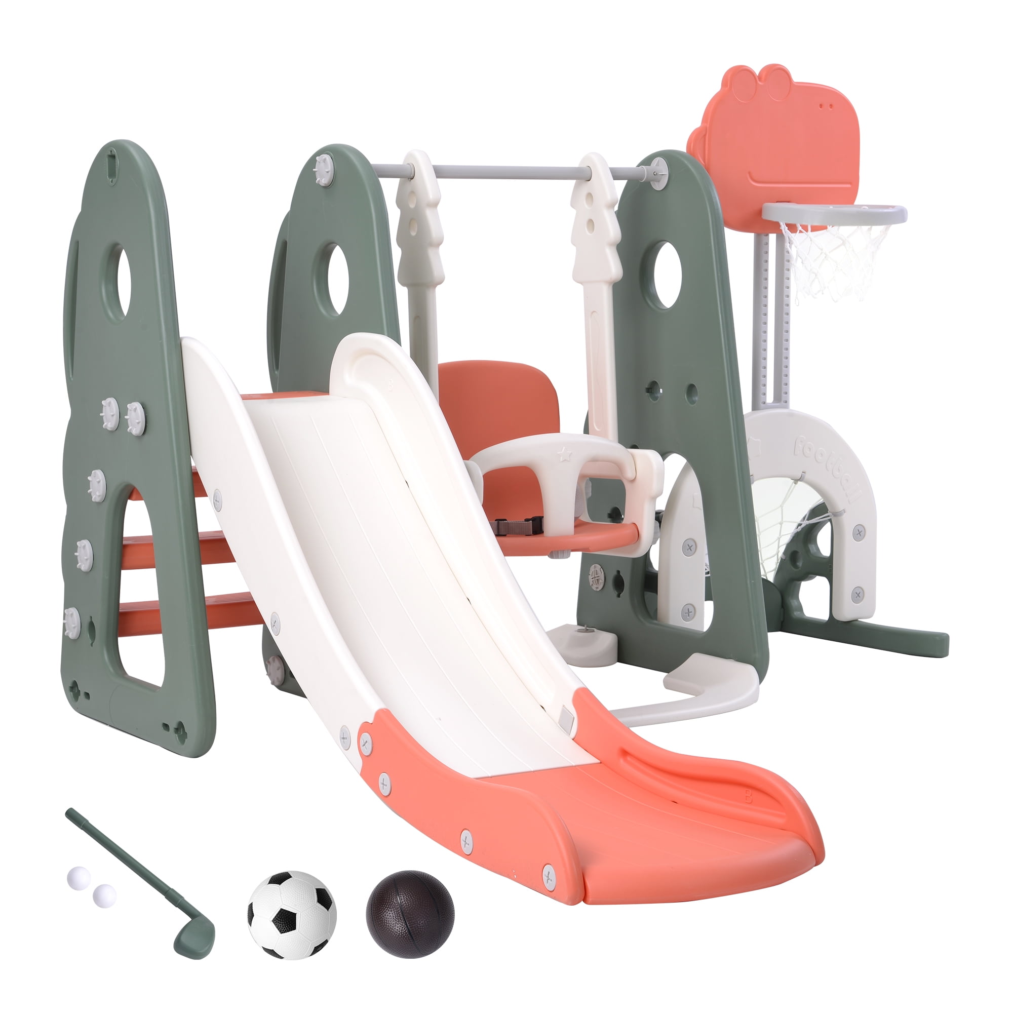 EUROCO 6 in 1 Toddle and Swing Set with Adjustable Swing and Slide Height, Rocket Swing Set with Basketball Stand