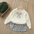 thumbnail image 2 of IVEYRTF Girls Knit Sweater Top and Glitter Skirt Set Long Sleeve Cute Bow Tie Casual Fall Winter Soft Fit Outwear 2 Piece Outfit for Kids 1-8 Years(White,3 Years), 2 of 6