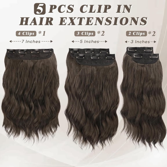 WEIF-Wavy Chocolate Brown Clip in Hair Extensions - 14 Inch Short Wavy Clip in Hair Extensions for Women - 5PCs Thick Soft Synthetic Voluminous Easy Wear Brown Hairpieces Daily Party