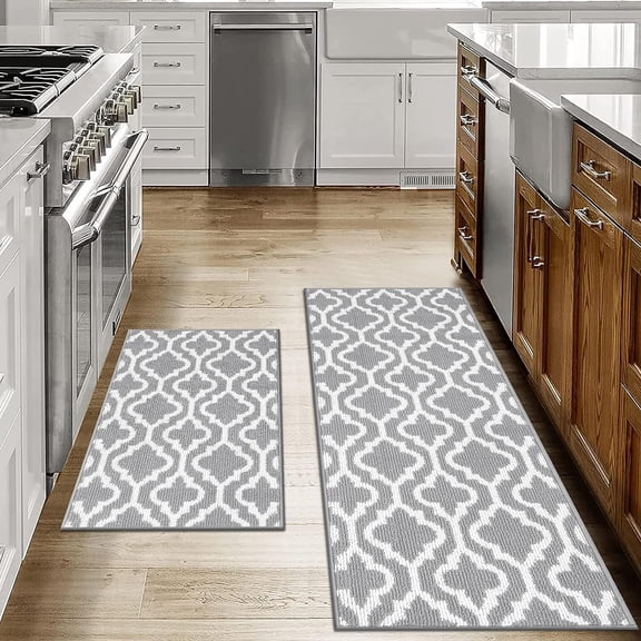 Findosom 20"x32" 20"x48" 2pcs Kitchen Rug Set Non Slip Kitchen Runner Rug and Doormat Washable Kitchen Mats Set Indoor Doormat Runner Rugs for Kitchen Laundry Hallway Entryway Grey Floral