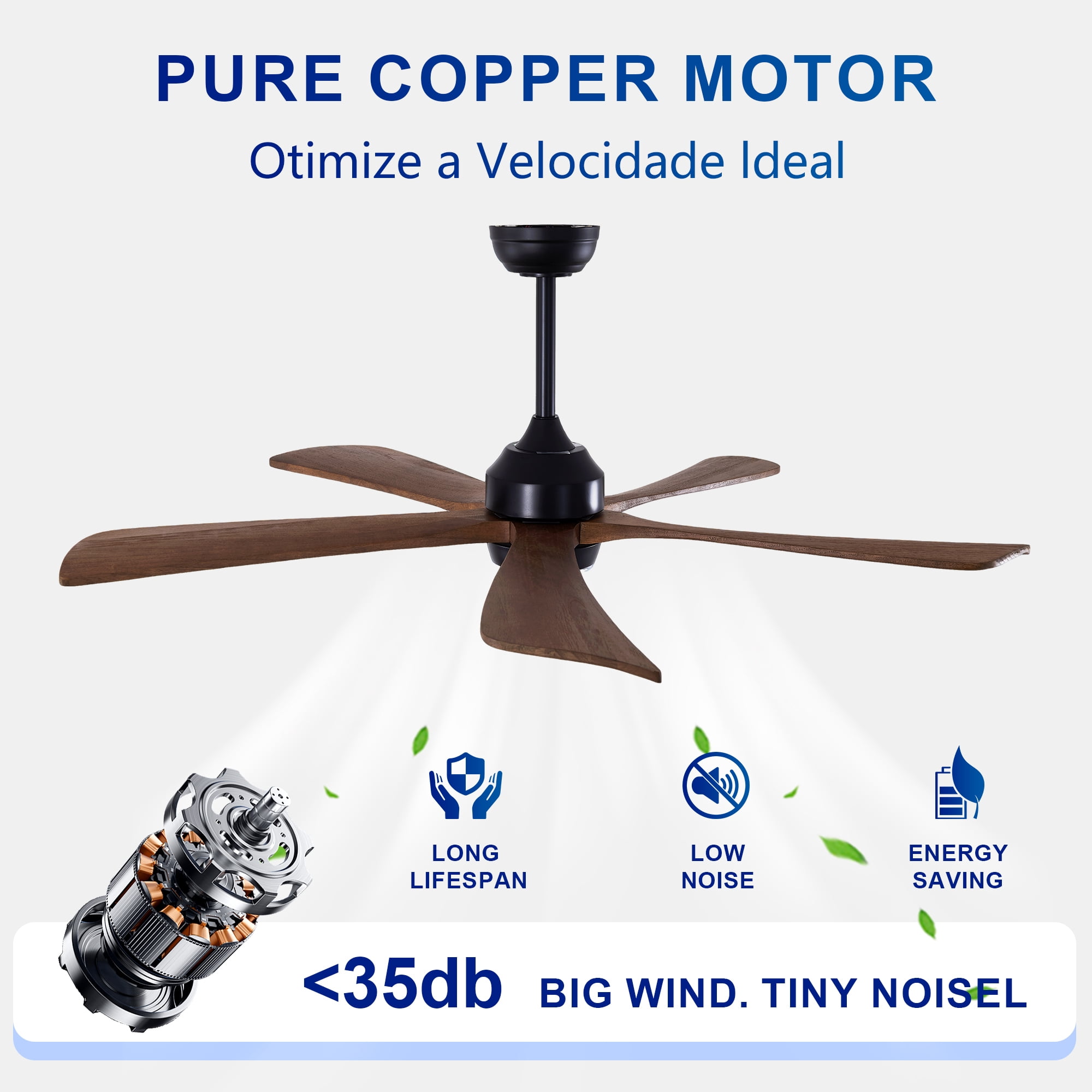 Leumius 52" Solid Wood Blades Ceiling Fan with Light and Remote Control,Quiet DC Motor 5 Blade Ceiling Fans 6 Speed Levels,Reversible for Patio Living Room Bedroom Office Black