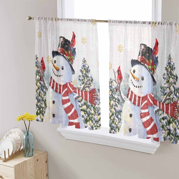 Beige Burlap Snowman Sheer Curtains 45 Inches Long, Christmas Tree Snowflake Winter Light Filtering Window Curtains for Living Room/Bedroom, Rod Pocket Voile Sheer Curtain Drapes, 52"Wx45"L, 2 Panels