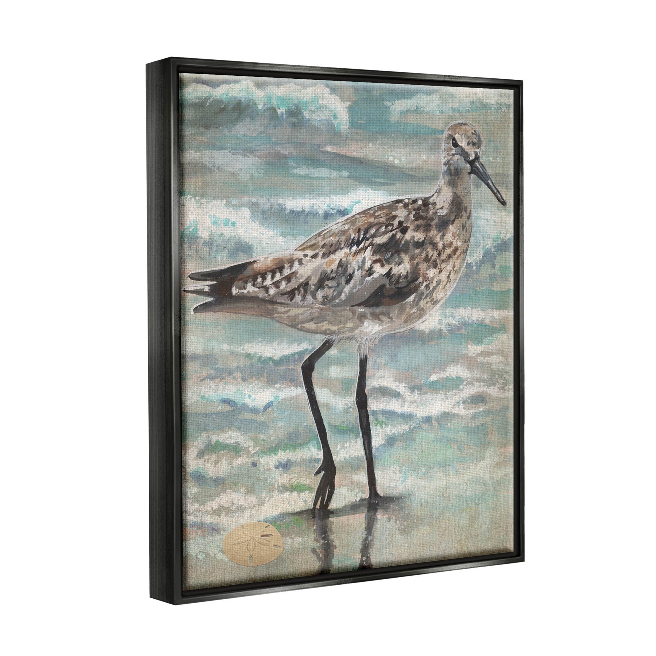 Stupell Industries Sandpiper Stepping Beach Coast Painting Jet Black Floating Framed Canvas Print Wall Art, Design by Erica Christopher