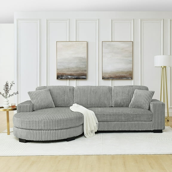 Corduroy Tufted Upholstered Sleeper Sectional Sofa, L-Shaped Modular Convertible Sofa , The Arc-Shaped Footstool Can Be Placed Freely On The Left and Right (Gray)