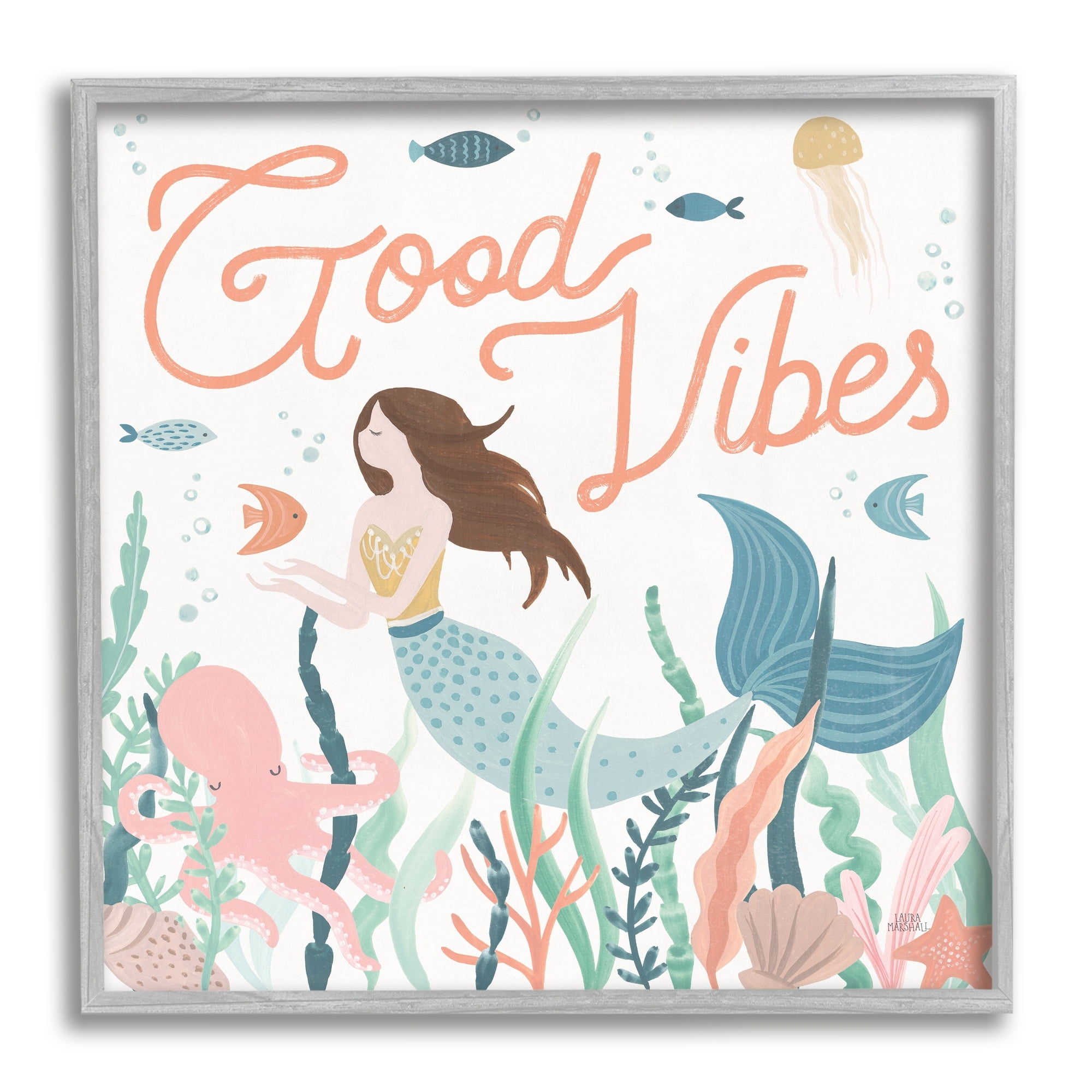 Stupell Industries Good Vibes Phrase Children's Mermaid Under Water Fish Graphic Art Gray Framed Art Print Wall Art, 17x17, by Laura Marshall