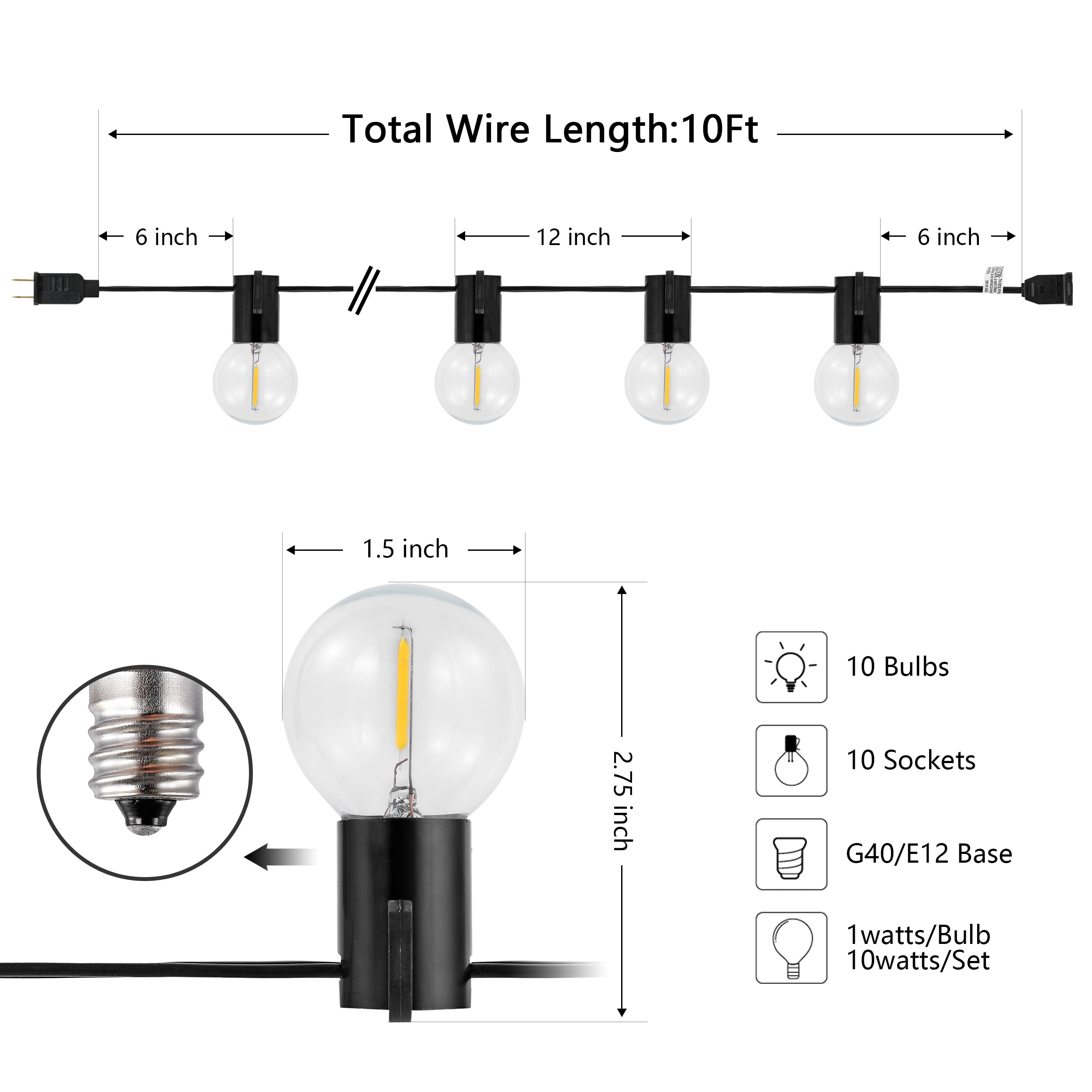 SAFAVIEH Huron 10-Light G40 Black Metal Outdoor String Light