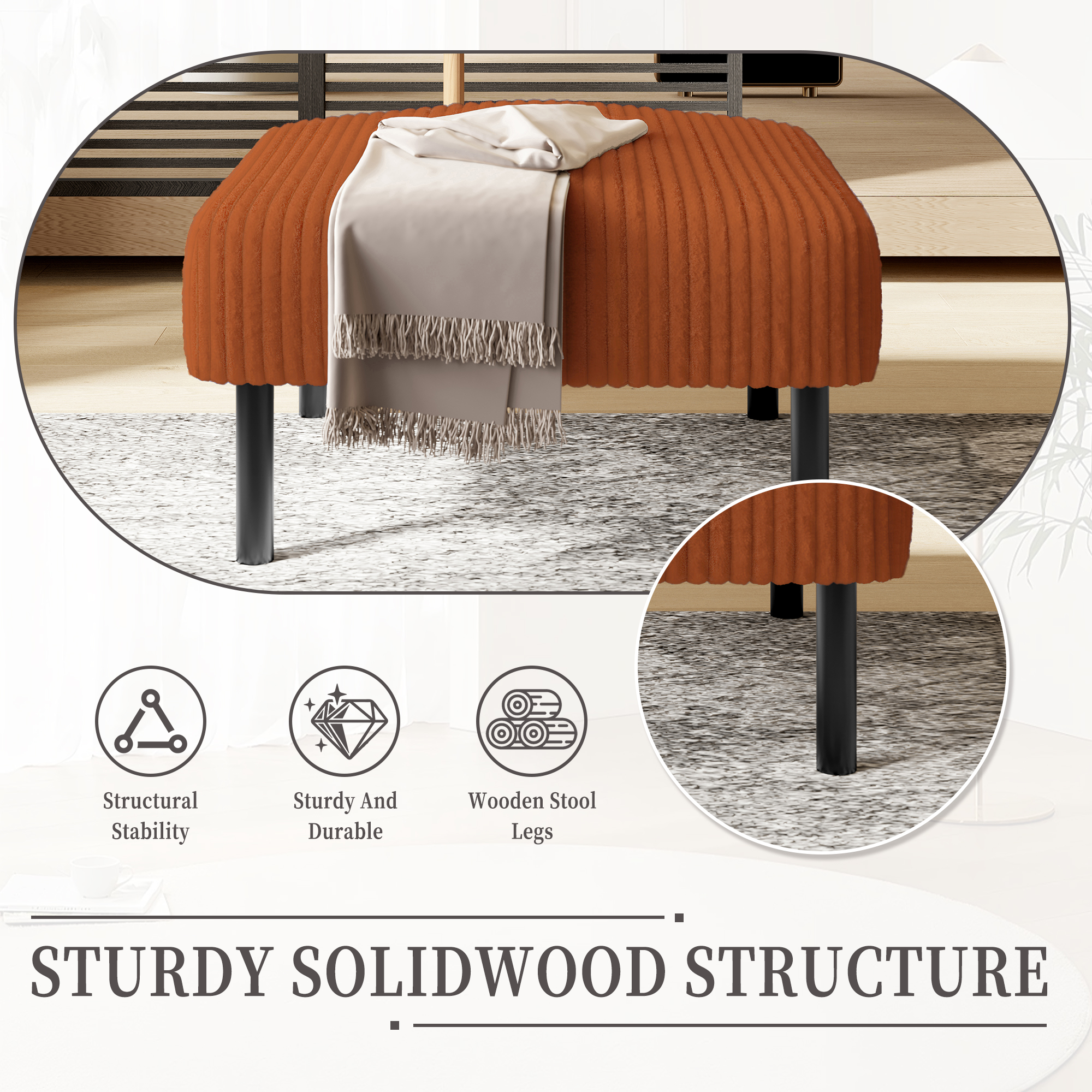 MOONMISS Corduroy Upholstered Mid-century Modern Square Wood Frame Ottoman with Soft Padded Seat-Orange