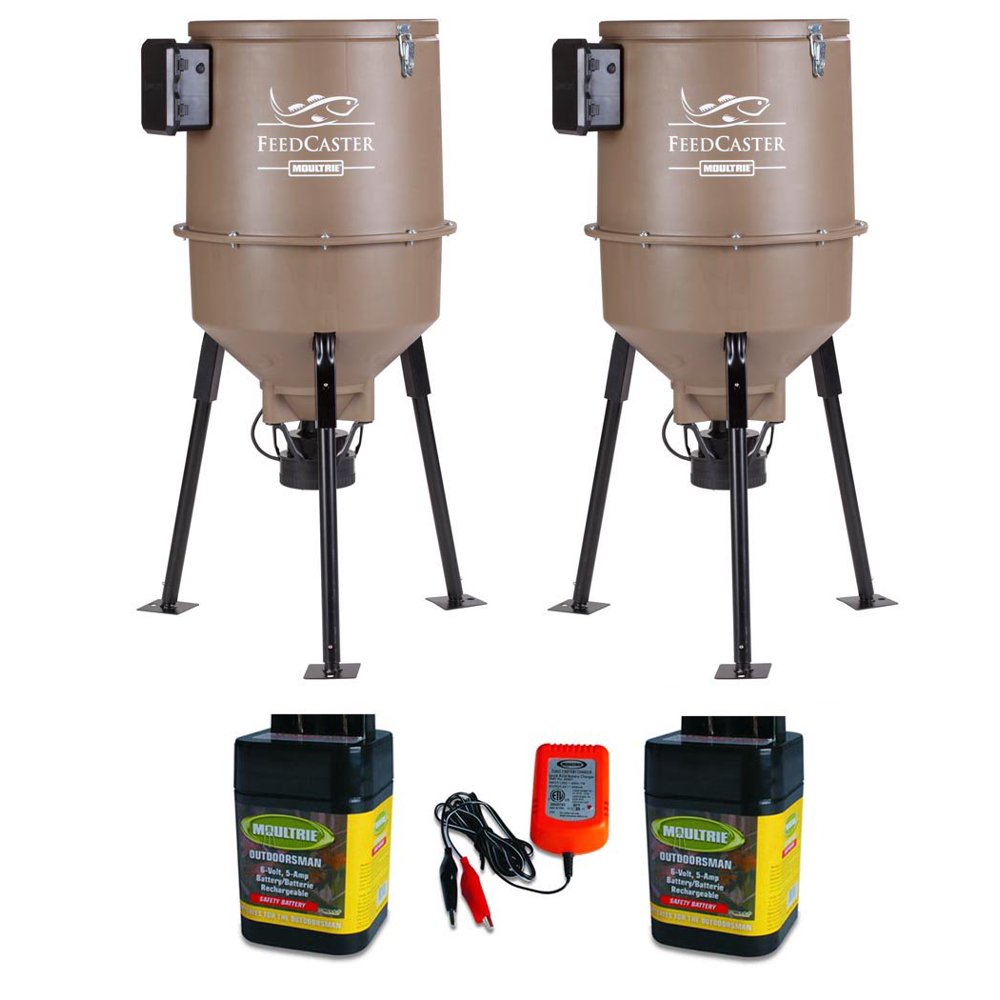 (2) MOULTRIE 30 Gallon Feedcaster Pro Fish Feeders + (2) 6V Batteries