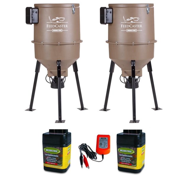 (2) MOULTRIE 30 Gallon Feedcaster Pro Fish Feeders + (2) 6V Batteries