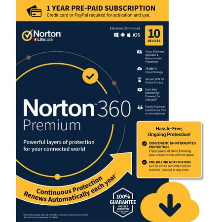NORTON 360 PREMIUM, 1-Year Subscription, 10 DEVICE, PC, MAC [Digital (Best Security For Windows 10)