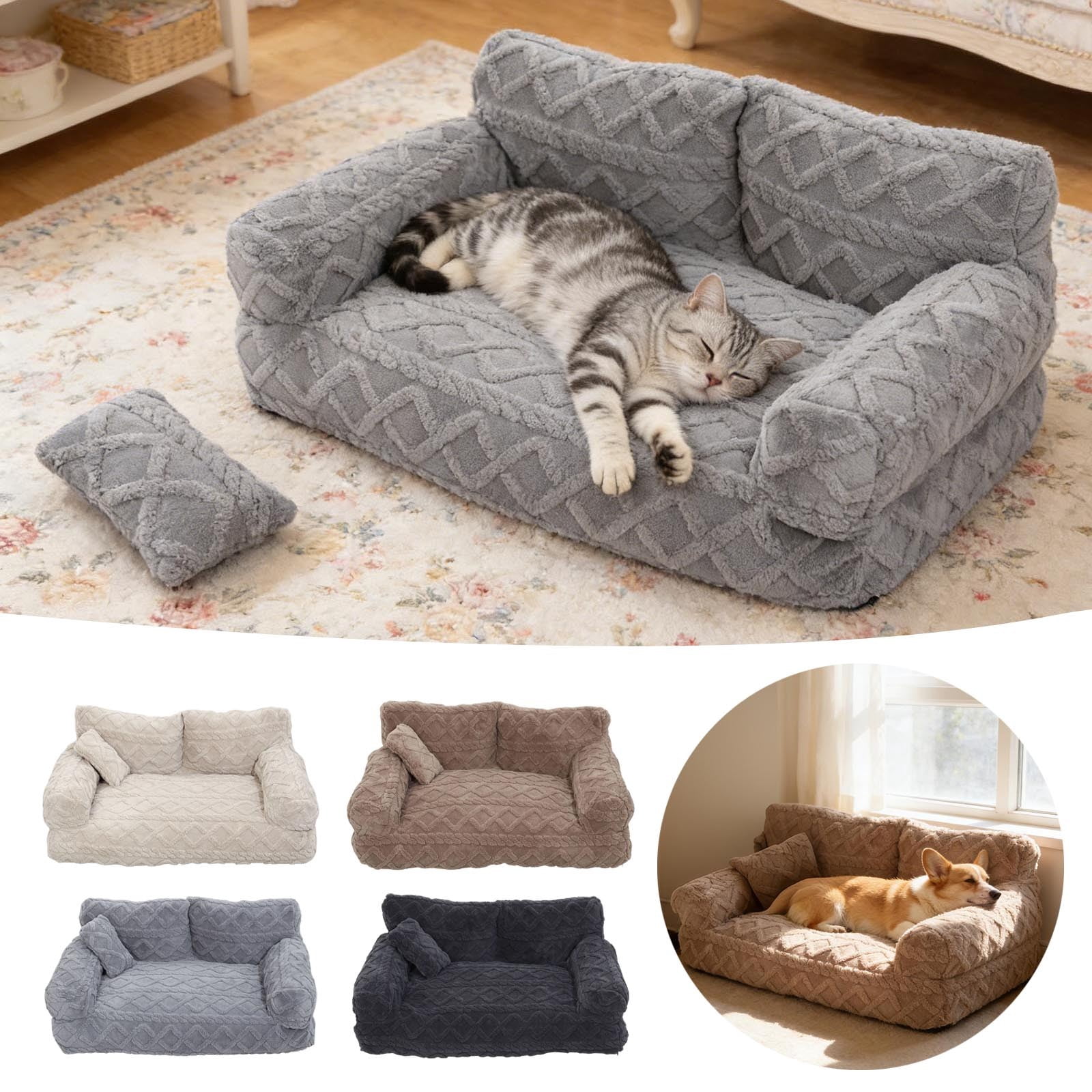 Orthopedic Pet Sofa Bed Removable Washable Plush Cushion Supportive Calming Sleeping Couch for Small Medium Dog Cat Indoor Rest Gray - M