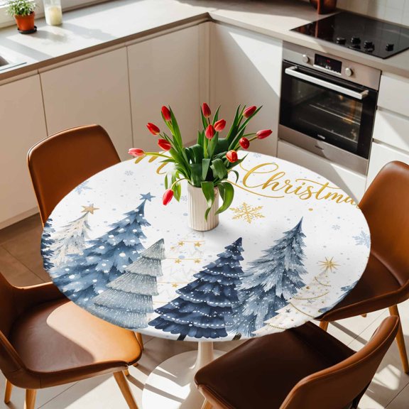 Round Fitted Tablecloth with Elastic Edge, Winter Snowflake Xmas Tree Fitted Table Cloth for Round Tables 36-44in, Merry Christmas Blue White Trees Waterproof Tablecloth for Outdoor Picnic Party