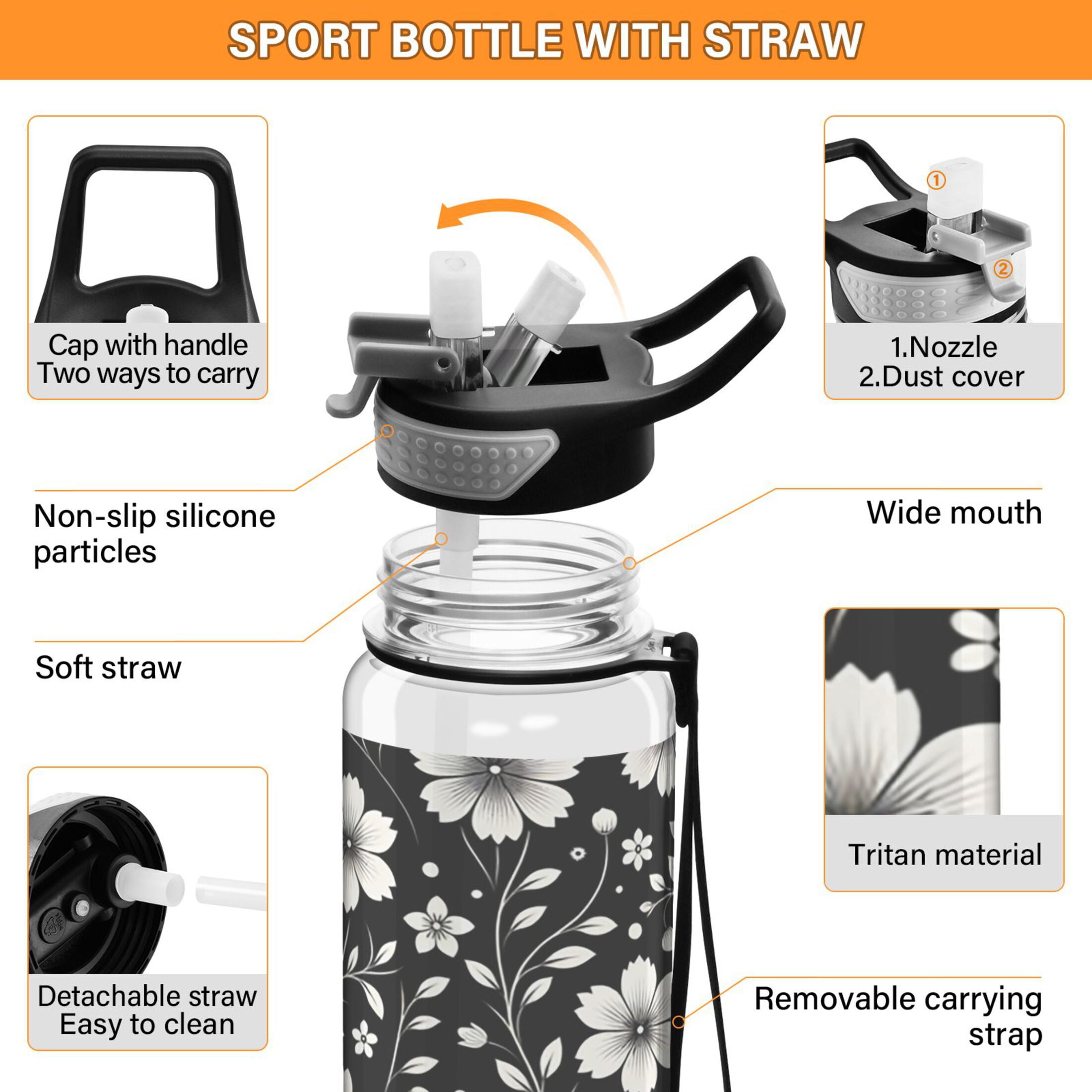Retro White and Black Flowers Sports Water Bottle 32oz with Straw for Kids Travel Mug BPA Free Leak Proof for School