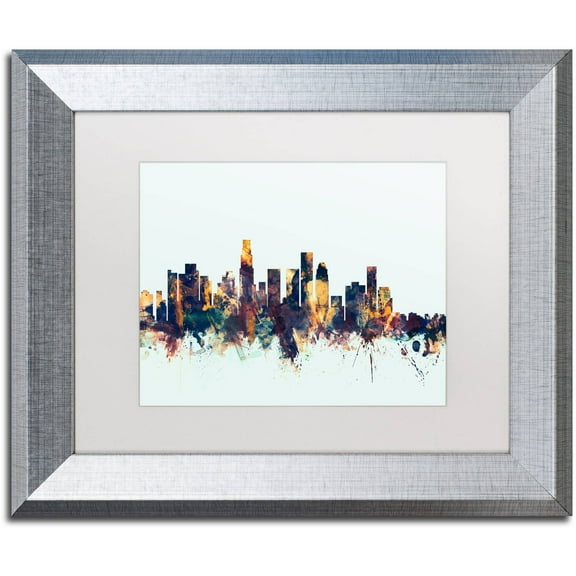 Trademark Fine Art "Los Angeles CA Skyline Blue" Canvas Art by Michael Tompsett, White Matte, Silver Frame