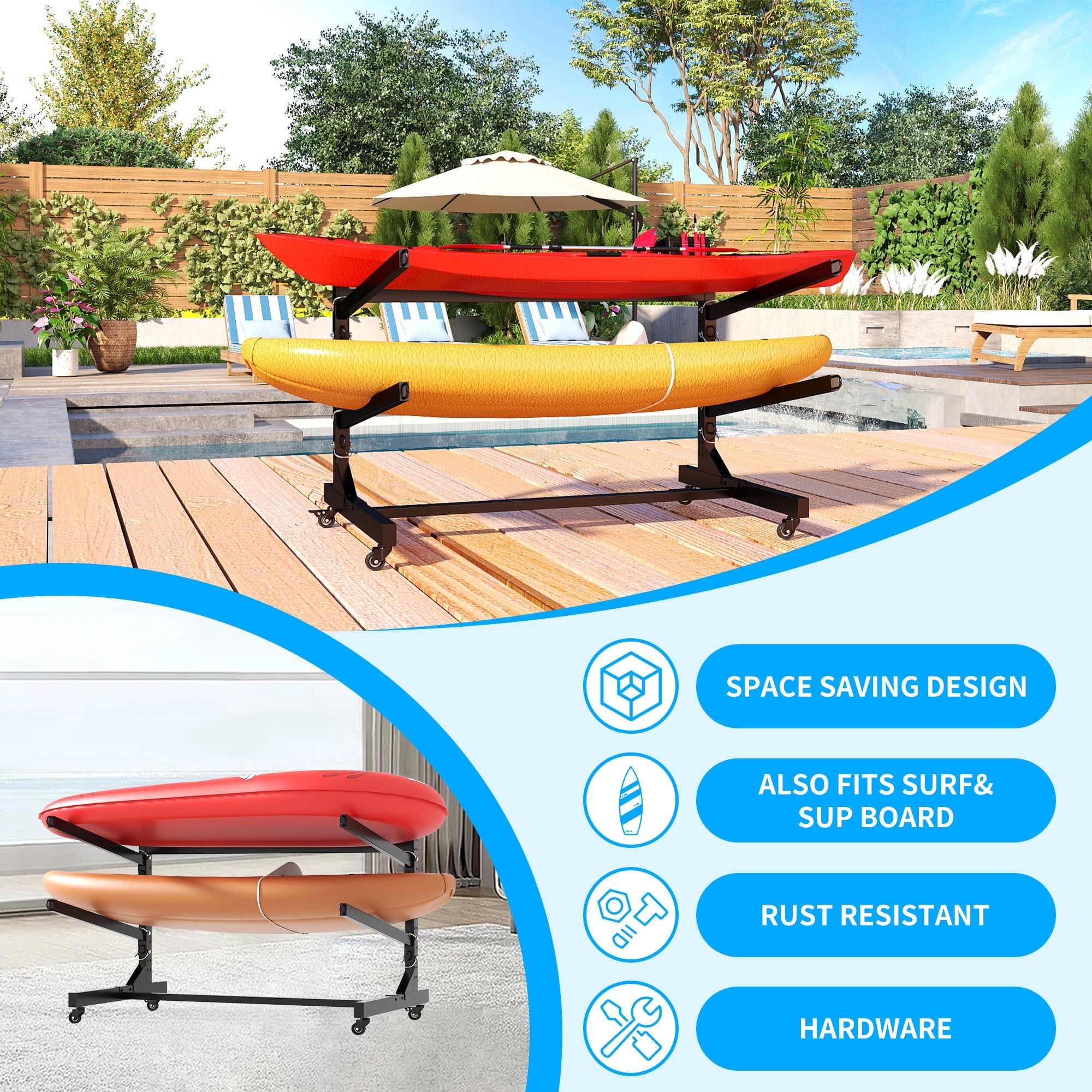 Kayak Storage Rack, Heavy Duty Adjustable Stand for Kayaks/Canoes/Surfboards/Paddleboards, Space Saving Kayak Rack, Wide Anti-Tip Base, Sturdy Metal Frame for Indoor Outdoor Garage Storage