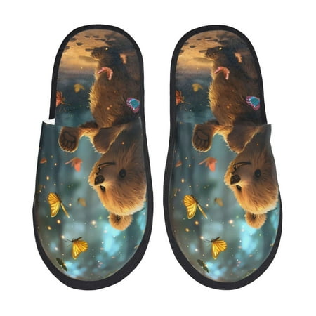 Balery Cute Butterfly Bear Slient Indoor Furry Fleece Comfort House Shoes Soft Non-Slip Home Shoes Cotton slippers House Slippers-- Large