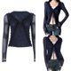 thumbnail image 2 of Women's Open Front Tie Long Sleeve T-Shirt Ruffle Trim Sheer Mesh Crop Tops Blouses Fashion Going Out Tops Shirt Blue L, 2 of 5