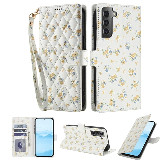 for Samsung Galaxy S22 Plus Wallet Case with Wrist Strap, Women Girls Flower Pattern PU Leather Shockproof Protective Folio Cover with Card Holder Kickstand for Samsung Galaxy S22 Plus, Pattern-D