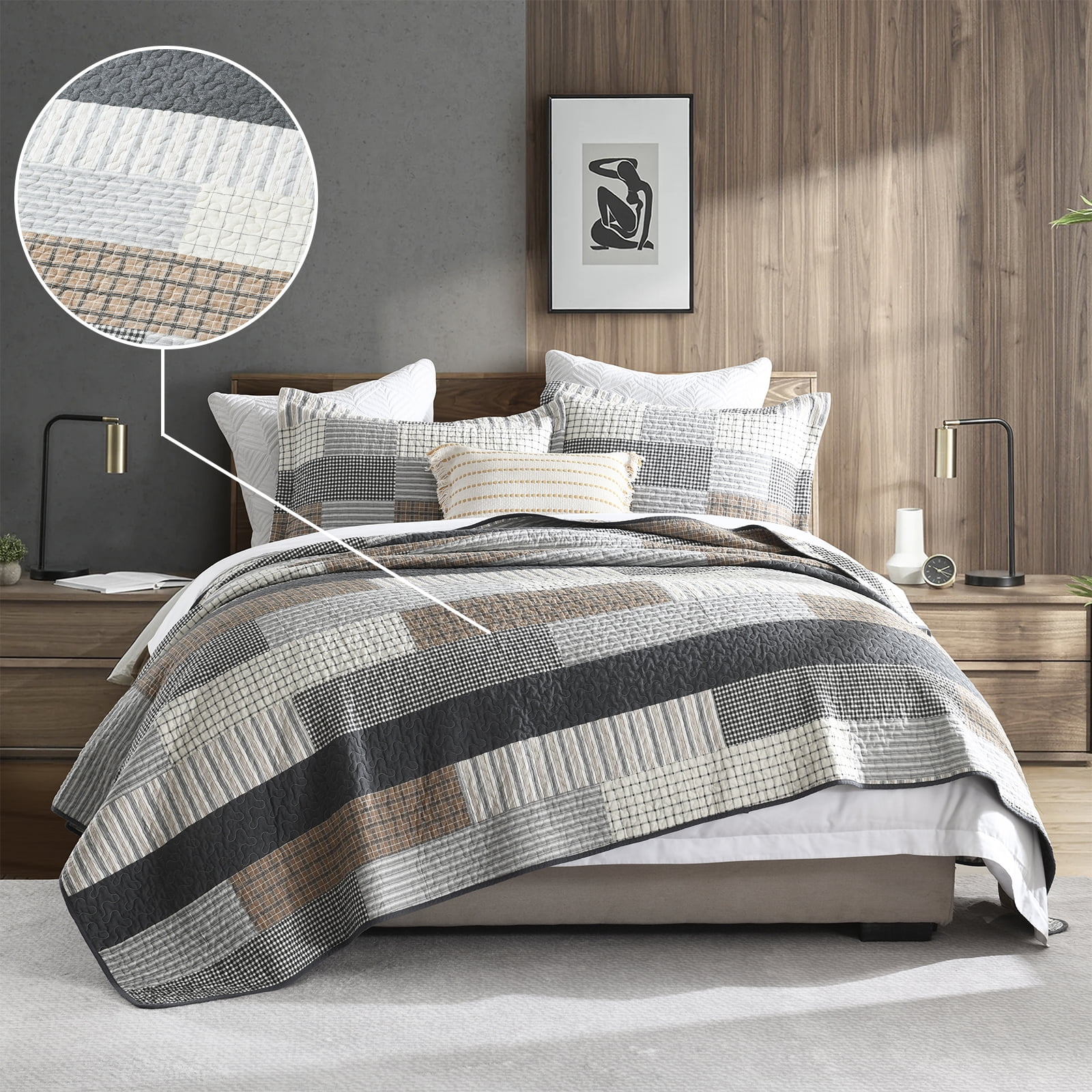 DDUOXIN Farmhouse Cotton Quilt for King Bed - 100% Cotton Gray Brown Patchwork Plaid Striped King Size Quilt Bedspread, Neutral Lightweight Reversible All Season Coverlet/Comforter Set, 3 Piece