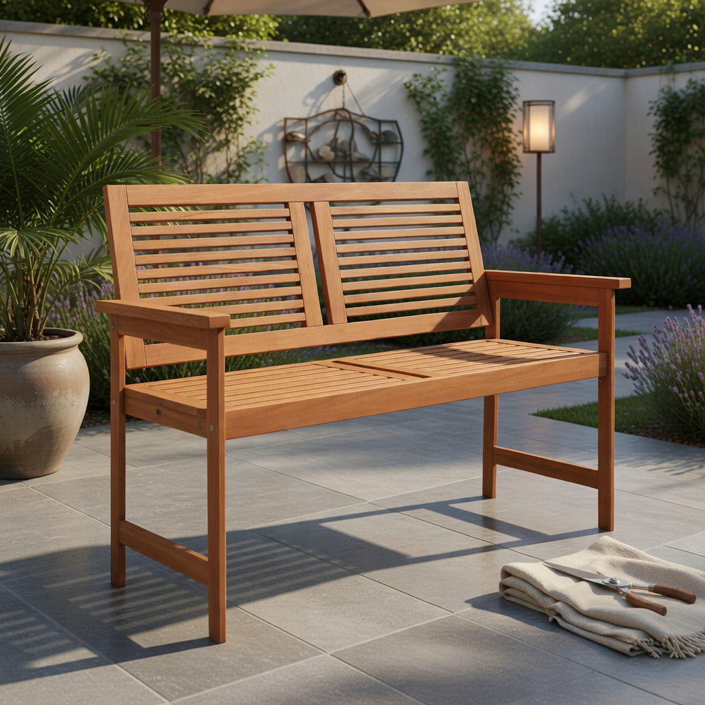 Hommoo 2-Person Outdoor Wooden Patio Bench with Slatted Backrest & Seat, Wood Garden Bench for Porch, Balcony & Backyard, Natural