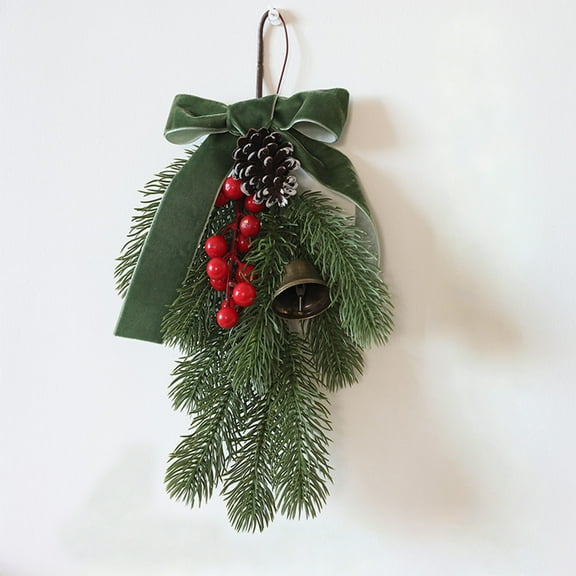 Rustic Christmas Teardrop Swag, Artificial Pine Cedar Greenery Wreath with Bell&Velvet Bow, Pinecones Red Berries,Farmhouse Winter Swag Garland for Outdoor Front Door,Indoor Mantle Wall Hanging Decor