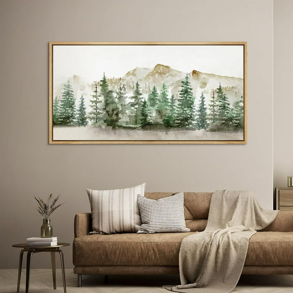 IDEA4WALL Extra Large Framed Canvas Print Wall Art Watercolor Pine Trees and Mountain Artwork Nature Wilderness Antique Retro Fine Art Decorative Relax/Calm for Home Decoration - 60"x30"