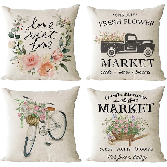 Set of 4 Spring Market Decorative Throw Pillow Covers Farmhouse Floral Square Cotton Linen Cushion Covers Outdoor Couch Sofa Home Truck Bicycle Flower Pillow Cases 16x16 Inch
