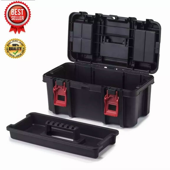 Portable 16 Inch Toolbox Plastic Tool Storage W/ Lid Organizers & Removable Tray