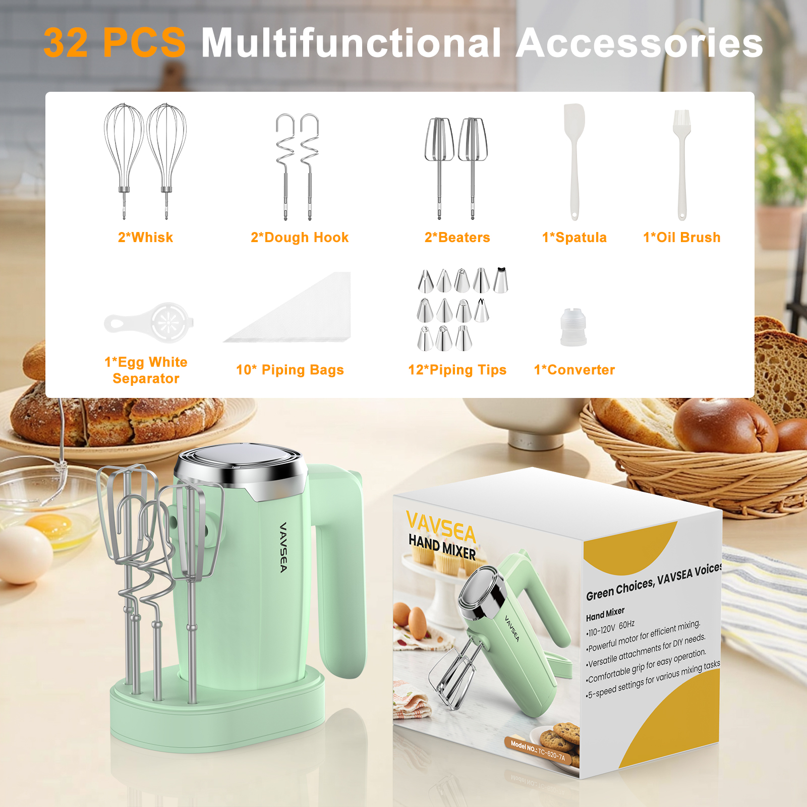 VAVSEA 500W Electric Hand Mixer with 32 Attachments, Green photo 2