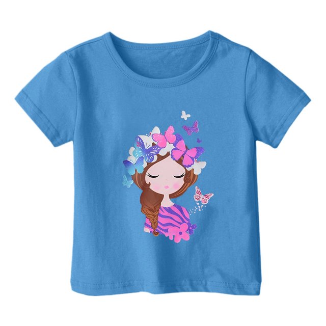 Chemises Filles Mode Décontractée Imprimé Col Rond Manches Courtes T-Shirt Haut Vêtements Filles Tout-Petits Bleu 2-3 Ans