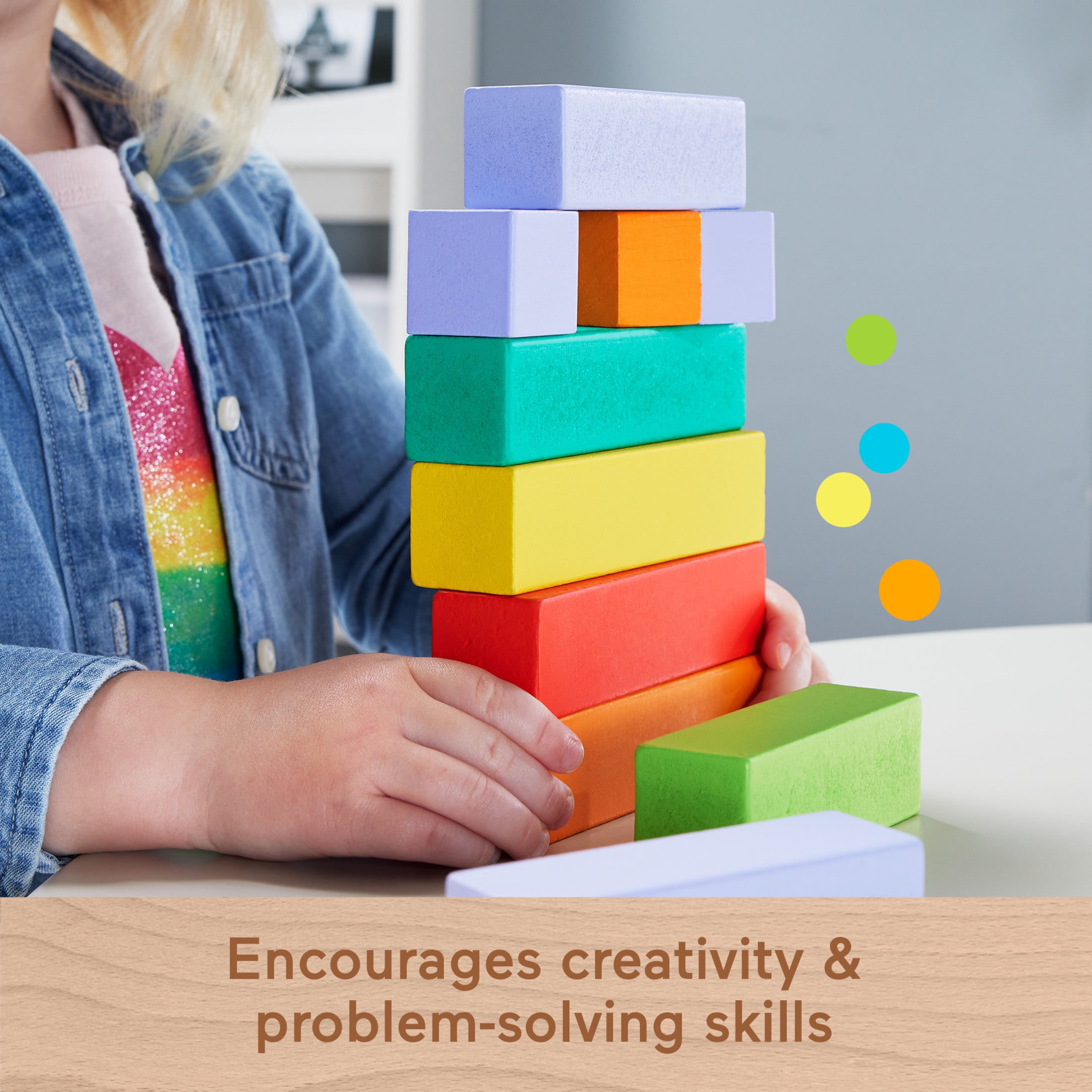 Fisher-Price Wooden Rainbow Stacking Building Blocks, Creative Play for Toddlers, 65 Wood Pieces