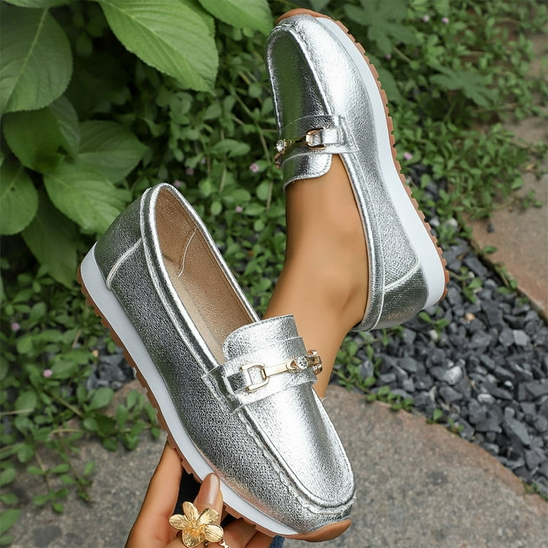 RUIYANQI Women's Metallic Loafers Chain Accent Slip On Shoes Casual  Platform Moccasins Trendy Outdoor Walking Footwear Fashion Driving Shoes  Silver Women Sandal - Walmart.com