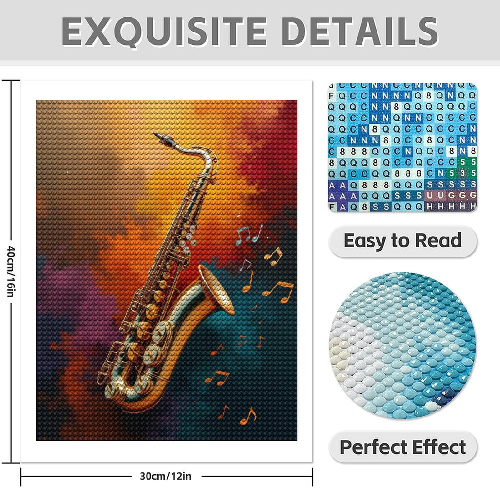 Diamond Art Kit for Adults, Saxophone Colorful Music Notes Art Diamond Painting for Adults Beginners, DIY Diamond Art Painting Kits, 5D Diamond Painting Crafts for Home Decor 12x16 Frameless