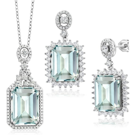Gem Stone King 21.02 Cttw Sky Blue Simulated Aquamarine Pendant and Earrings Jewelry Set for Women in 925 Sterling Silver | Emerald Cut 14X10MM | With 18 inch Chain