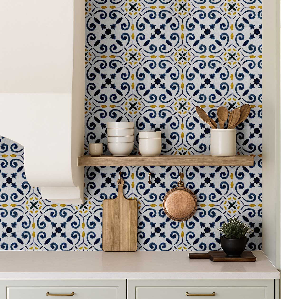 S4sassy Removable Vintage Style Waterproof Wall Wrap, Finish Mosaic Tile Wallcover, Scroll Tile Contact Paper for Backsplash, Kitchen, Self Adhesive Vinyl Wallpaper Roll - Blue - 25"x60"